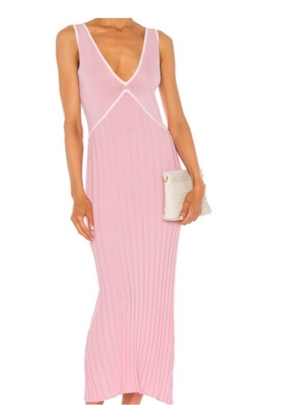 STAUD the Aubrey Pink Ribbed V-Neck Maxi Dress